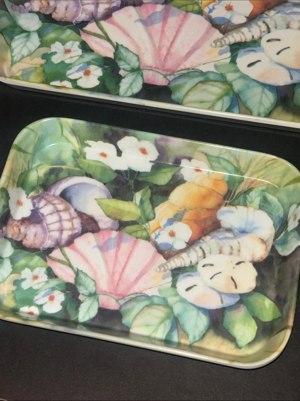 2 Vintage Italian tray set ocean shell floral botanical colorful trinket trays